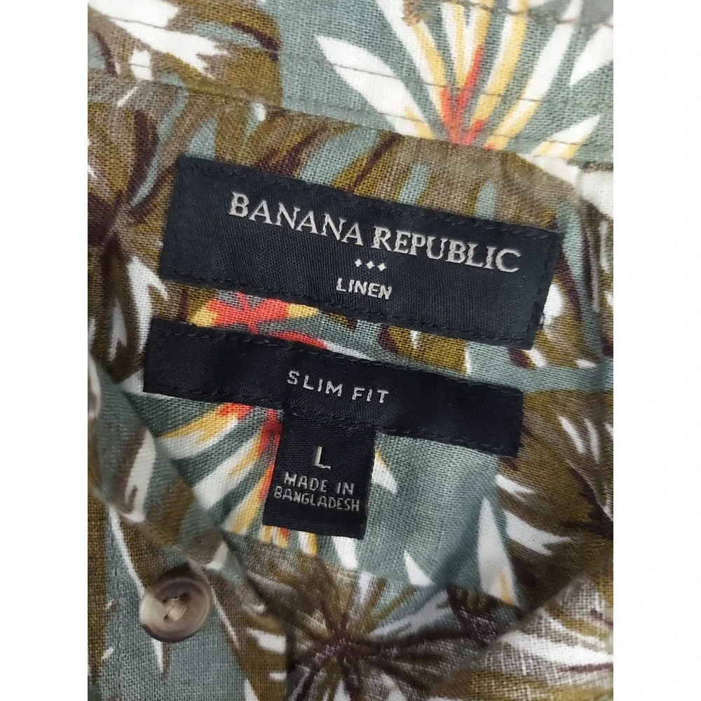 Banana Republic Linen Shirt‎ Mens Large Hawaiian Slim Fit Beach Safari Leaves